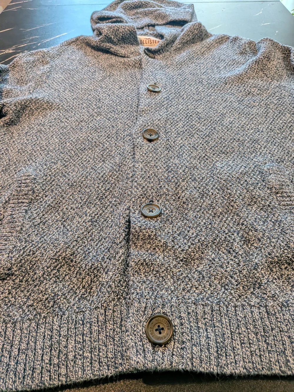 VINTAGE Hollister Men's Hooded Button-Up Knit Jacket - Heather Blue
